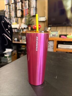 Starbucks Metallic Hot Pink Tumbler with Yellow Straw